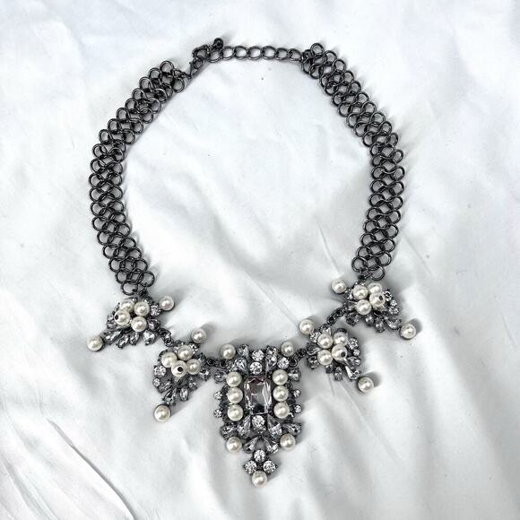 Chunky Faux Pearl & Diamond Statement Necklace Costume Bridal or Evening Wear - Picture 1 of 5